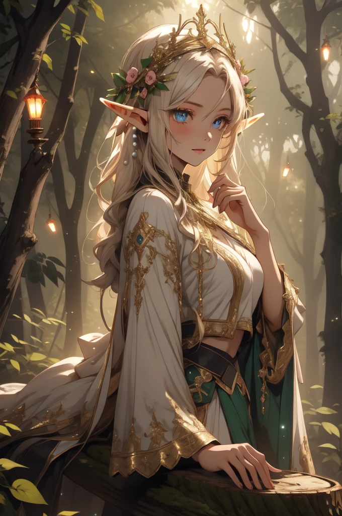 ((masterpiece)), (top quality), (best quality), ((ultra-detailed, 8k quality)), Cinematic lighting, Volumetric lighting, (detailed line art), absurdres, (best composition), (high-resolution), Aesthetics,
BREAK,
Elf girl ((Lying on a tree trunk:1.3)),dressed in white robes, Velvet, Mecha, lace, brocade, pearls, intricate elven attire,  (adult:1.2), Fantasy,  (glowing flowers:1.2), (firefly glow:1.25), (bioluminescent trees), (mystical forest), (focused depth of field:1.2), (enchanting forest:1.15), [cinematic dramatic atmosphere],[atmospheric perspective], Niji style,
BREAK,
highly detailed of ((elf:1.4)), (1girl), solo, perfect face, details eye, hair Bun, (hime cut, bangs:1.2), (white shining hair:1.2), blue eyes, shining eyes, (beautiful detailed eyelashes, eyeshadow, pink eyeshadow),  smiling, Concept art by Mikimoto Haruhiko, by Kawacy, By Yoshitaka Amano,
BREAK, 
((perfect anatomy)), perfect body, Abs, (medium breast), perfect hands, perfect face, beautiful face, beautiful eyes, perfect eyes, (perfect fingers, deatailed fingers), correct anatomy, perfect legs, 