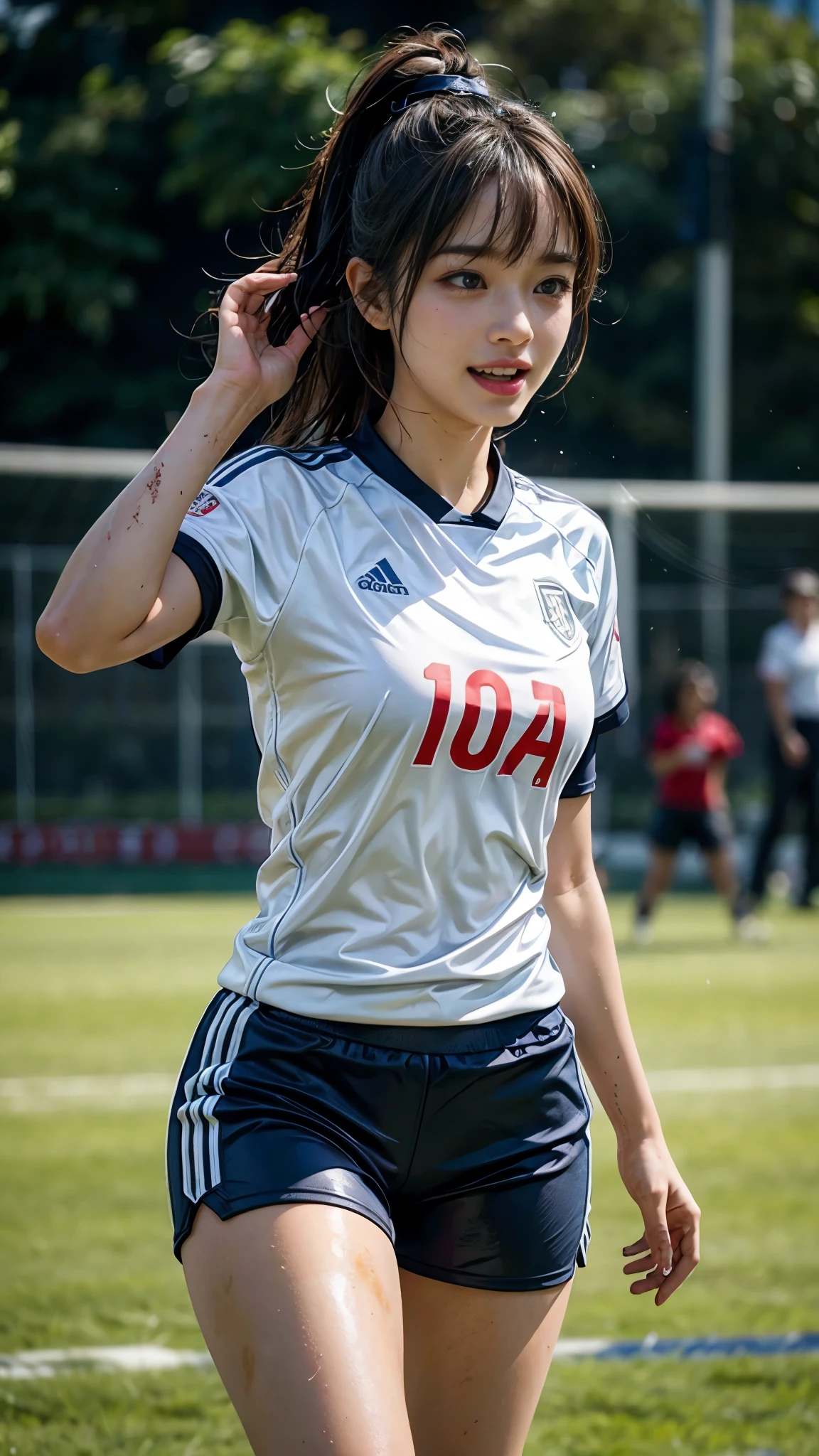 Highest quality, High resolution:1.2, Super detailed, Realistic:1.3, ((Beautiful woman))、((Ultra tight uniform))、Big Breasts、Vibrant colors, play soccer,((blunt bangs))、Has bangs、Wet Hair, Concentration, Splash, Action Shots, Grass blotches, Muddy ground, Wet turf, Decide, Fast-paced games, Athletic physique, Shiny soccer ball, Wet uniform, raindrop, Blurred motion, Focus on the ball, Intense competition, Skillful dribbling, Energetic play, Teamwork, powerful shoots, Wet pitch, Passionate sports, Fierce Decide, Humid atmosphere, Fluid movement, emotional expression、Dramatic lighting, Women's Sports, Avid athletes, Exciting Games, endure, Excited state, Speed and agility, Energetic play, 濡れたSplash、smile、