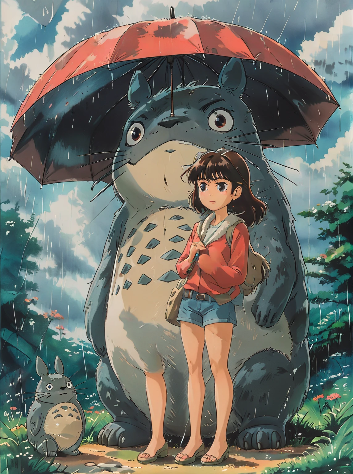 a drawing of a woman holding an umbrella next to a totoro, of totoro, totoro, totoro from my neighbor totoro, inspired by Studio Ghibli, my neighbor totoro, in style of studio ghibli, my neigbor totoro, in style of ghibli, studio ghibli inspired, studio ghibli scheme, “totoro, ghibli style, studio ghibli style