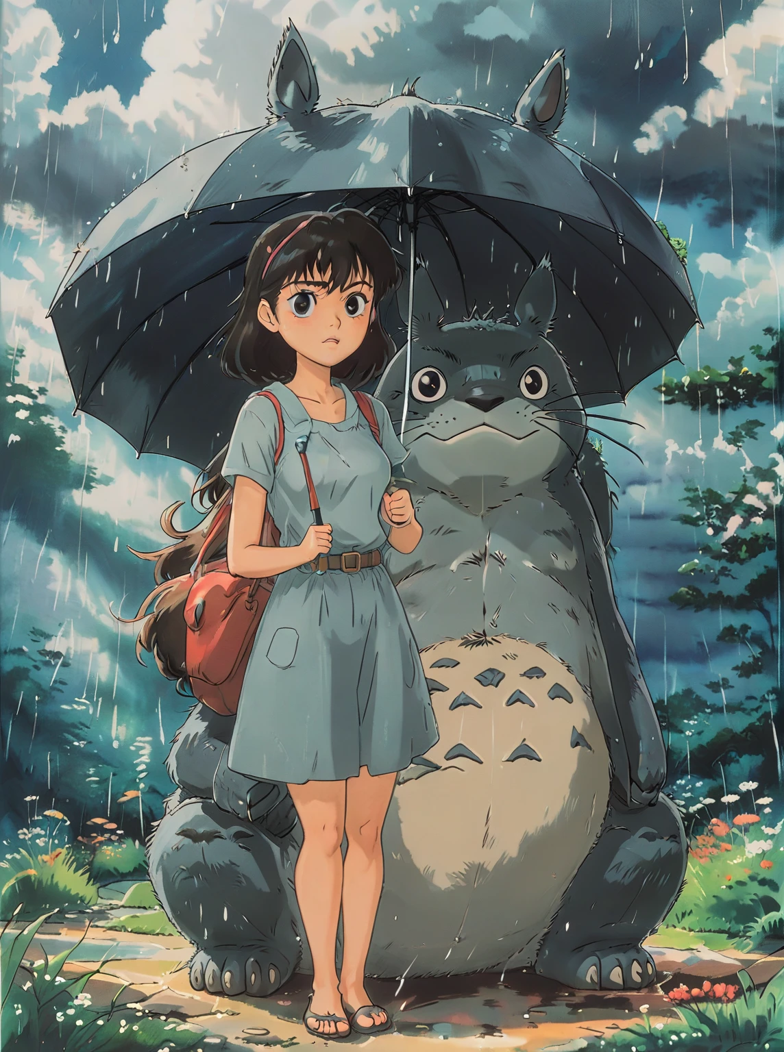 a drawing of a woman holding an umbrella next to a totoro, of totoro, totoro, totoro from my neighbor totoro, inspired by Studio Ghibli, my neighbor totoro, in style of studio ghibli, my neigbor totoro, in style of ghibli, studio ghibli inspired, studio ghibli scheme, “totoro, ghibli style, studio ghibli style