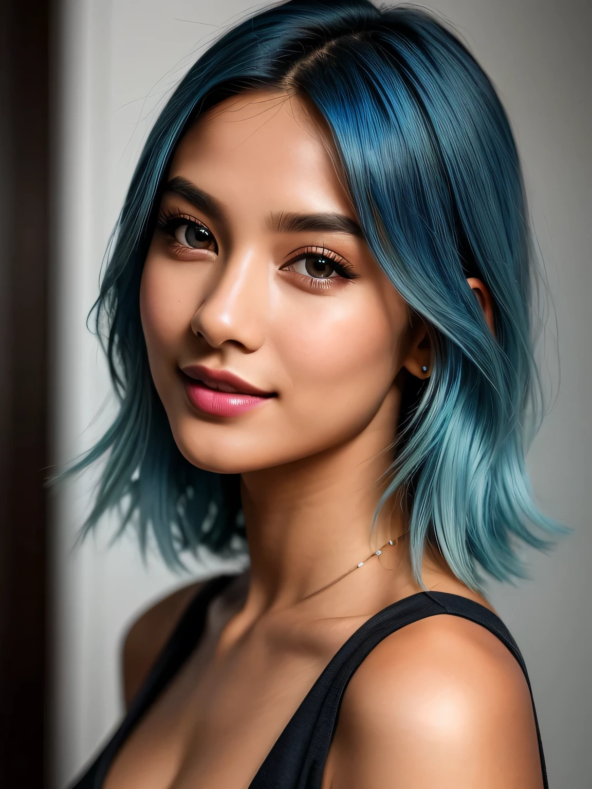 (blue hair:1.4), short hair, realistic green eyes, cobalt hair,  long bob hair, tousled hair, shoulder length hair, Full body, woman with white skin and Asian features, 24 year old, big breast. She has a small, elegant nose with a slight upward curve at the tip. Her lips are full and naturally pink, with a well-defined Cupid's bow. Her teeth are straight and white, enhancing her captivating smile. Her face has an oval shape with high cheekbones that add to her model-like appearance. (crack), detailed (texture!, shine, color!!, flaws: 1.1), highly detailed glowing eyes, (looking at camera), specular light, dslr, extreme quality, crystal clear, cute face, detailed skin pores, oil Dark skin, brown, complex eye details, she is far from the camera, A full-body portrait, captured from a distance. Dynamic Frame, 8K, Best Quality, Realistic, full body Realism, beautiful hairstyle, Dynamic Frame,  full body photo, masterpiece, best quality, (lifelike:1.4), beautiful woman, from behind, round ass, black leather jacket, medium shot, high resolution, 4k photos, high resolutionolution, In the style of Gregory Crewdson, photorealism, surreal, Bokeh, Canon 5D Mark II, sigma 85mm f/1.4, ISO 400, 1/160 seconds, medium format printing, Inspired by Darren Allen
, (short hair:1.3)