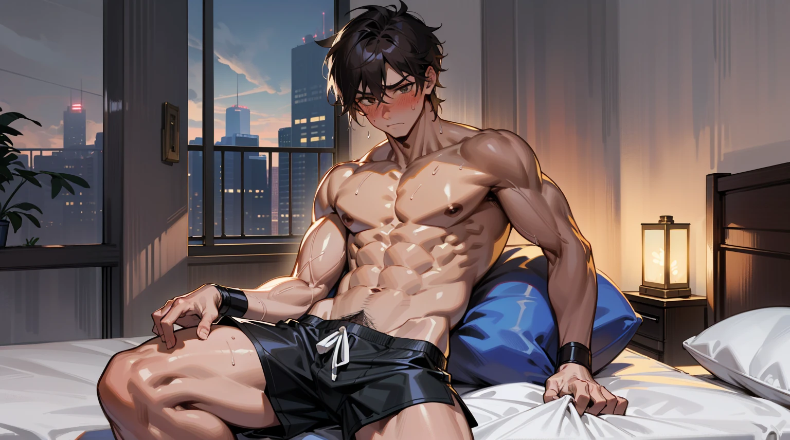 (best quality), [masterpiece], Sexy pose, (((blush)))4K, high quality, Divine Light, beautiful, Good lighting, Sexy, (best quality), [masterpiece], Sexy pose, (((blush)))4K, high quality, Divine Light, beautiful, Good lighting, Sexy, (absurdes, high resolution, Extremely detailed),1 30-year-old man, Mature and handsome man, blush的笑，Seductive expression, Solitary, muscular, Muscle Man, High target, handsome guy, Big biceps, Abdominal muscles, thigh, Broad shoulders, Open the chest,, Black short hair,sweat, Sweaty hair, Shirtless, Sit on the bed and relax, Black shorts, Viewers Watching, high resolution:1.2, best quality, Upper body shooting, Flat style, Ambiguous room background, Low photographic angle, Volumetric Lighting, Depth of Field, shadow,Romantic environment, promote, Flash, Flash panties, debauchery, promote, Brown, Flash, Flash panties, debauchery