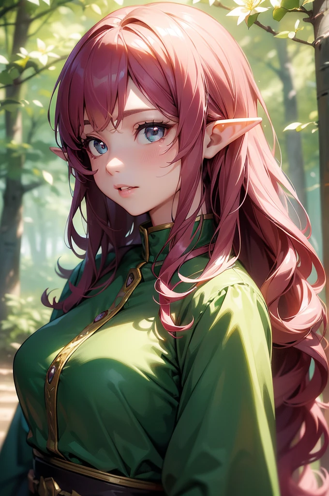 ((Spring Flowering Forest, realistic, detailed hair)), absurderes:2.0, Unity 8K Wallpaper, Masterpiece, Realistic face, high detailed eyes, Realistic skin feeling ,high detailed eyes, highly detailed, realistic glistening skin, detailed background, oily skin, (high-key lighting、Front Light:1.3、 dramatic angle), (solo, sexy ,25 year old elf、fantasy world、Fantasy clothing、wavy hair), glossy lips、darkpink hair、
