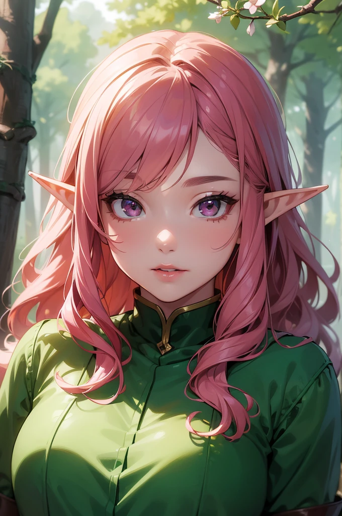 ((Spring Flowering Forest, realistic, detailed hair)), absurderes:2.0, Unity 8K Wallpaper, Masterpiece, Realistic face, high detailed eyes, Realistic skin feeling ,high detailed eyes, highly detailed, realistic glistening skin, detailed background, oily skin, (high-key lighting、Front Light:1.3、 dramatic angle), (solo, sexy ,25 year old elf、fantasy world、Fantasy clothing、wavy hair), glossy lips、darkpink hair、