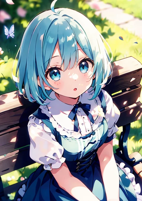 ((solo:1.2)),cute girl sitting on bench in garden,frilled dirndl,from above,looking up,cobblestone pavement,aqua hair,fine bob cut,(hair over one eye),(dappled sunlight:1.2),blurry,(depth of field:1.1),head tilt,:o,(petals),tree,butterfly