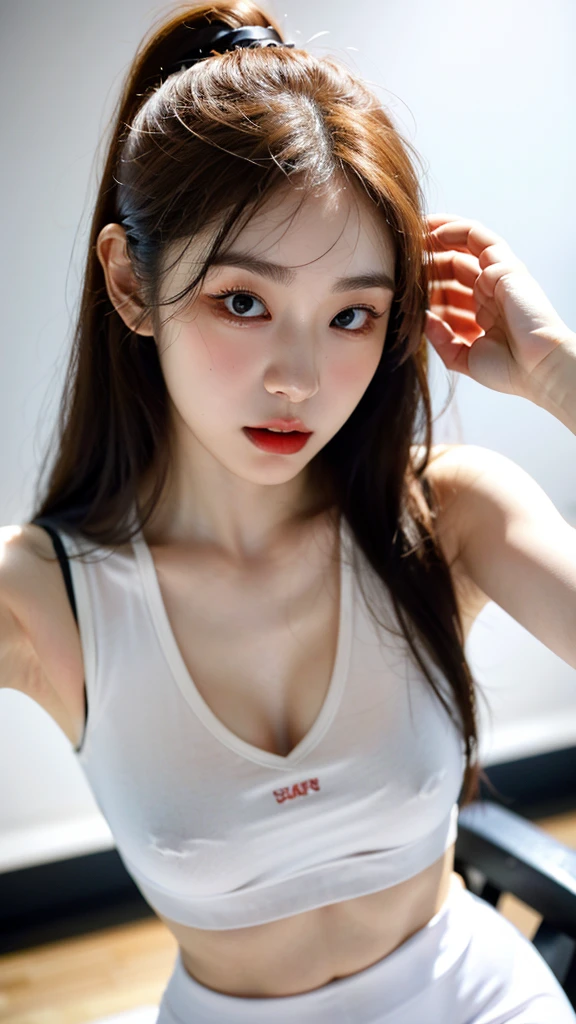 (solo), (a detailed full body RAW photo of a girl), (masterpiece:1.0), (best quality:1.4), (ultra highres:1.2), (photorealistic:1.4), 8k resolution, Canon EOS R5, 50mm, absurdres, ultra detailed, standing, sharp focus, cinematic lighting, detailed beautiful face, (heavy makeup:1.2), (ulzzang-6500-v1.1), perfect body, detailed skin texture, white pale skin, big breast, cleavage, detailed random hair, wear tank tops and leggings, (Asian girl:0.7), cute face, realistic skin, (looking at viewer:1.2), at gym, sweaty