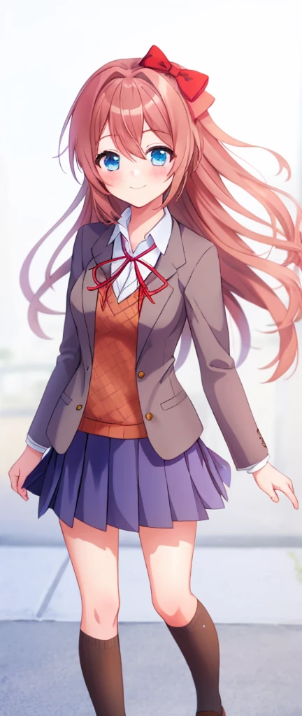 one girl, Sayori, DDLC, blush, school blazer, hair bow, close to girl, too gentle, blue eyes, she is always smiling, full body