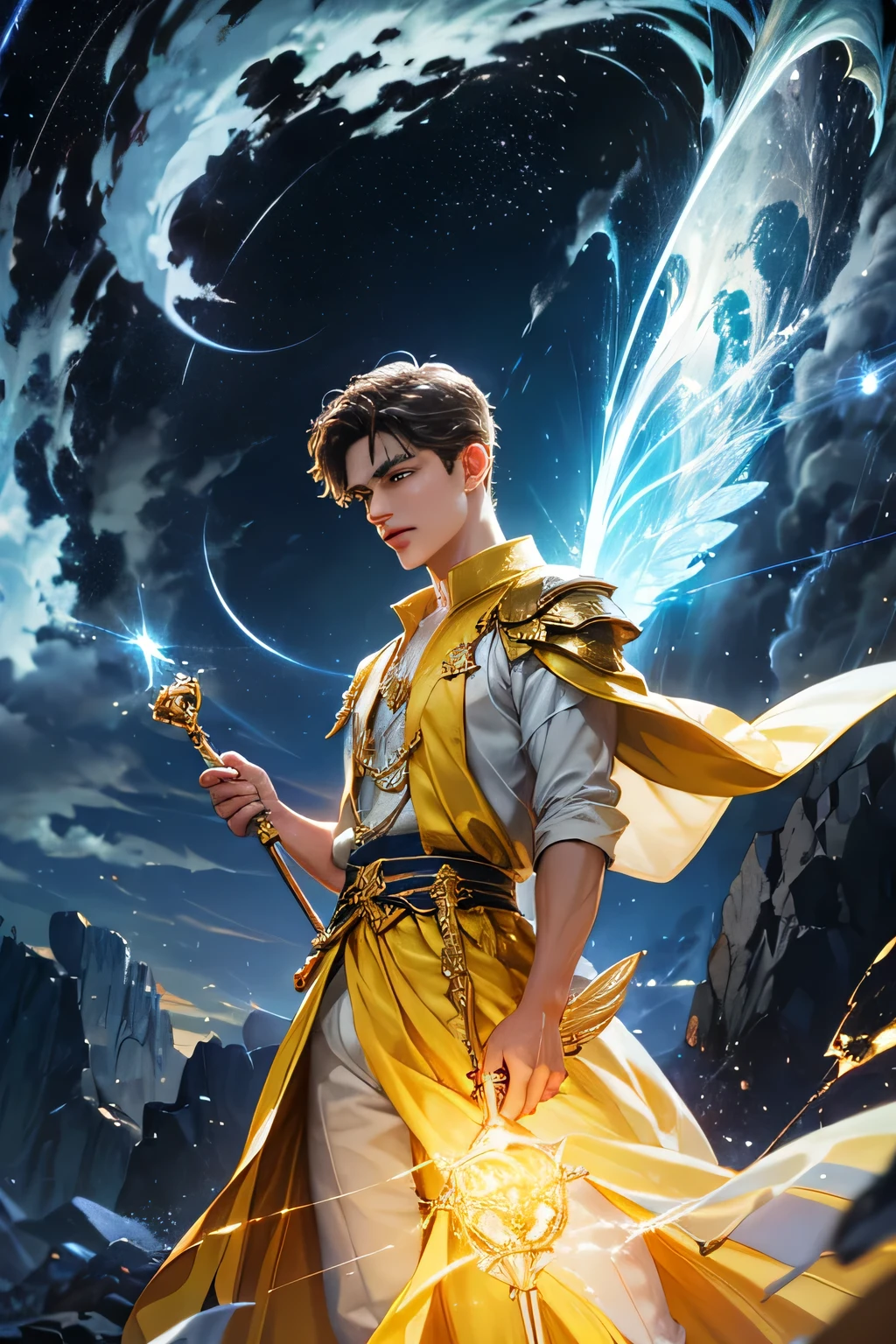 "Create an ultra-realistic image of a handsome, young male fairy, . He should be holding a magical staff that emanates the energy of the sky and crackling thunder. Dress him in an elegant, varied yellow outfit that reflects the brilliance and dynamism of the sky. Surround him with elements like swirling clouds and flashes of lightning to showcase his connection to these elements. Include a distinct sky or thunder symbol or design on his body, signifying his role as the keeper of the deep sky and thunder, and highlighting the powerful celestial energy he embodies within him."