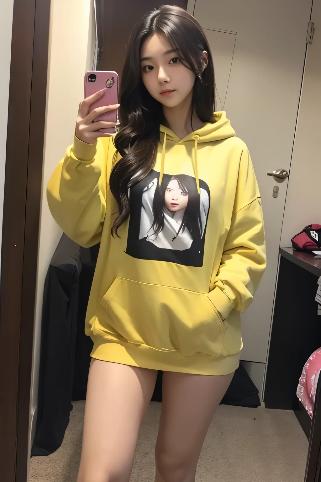 A selfie of a cute, pretty, Chinese girl, long wavy black hair, medium chest, skinny, good body, long legs, thick thighs exposed, wearing oversized hoodie, pouting