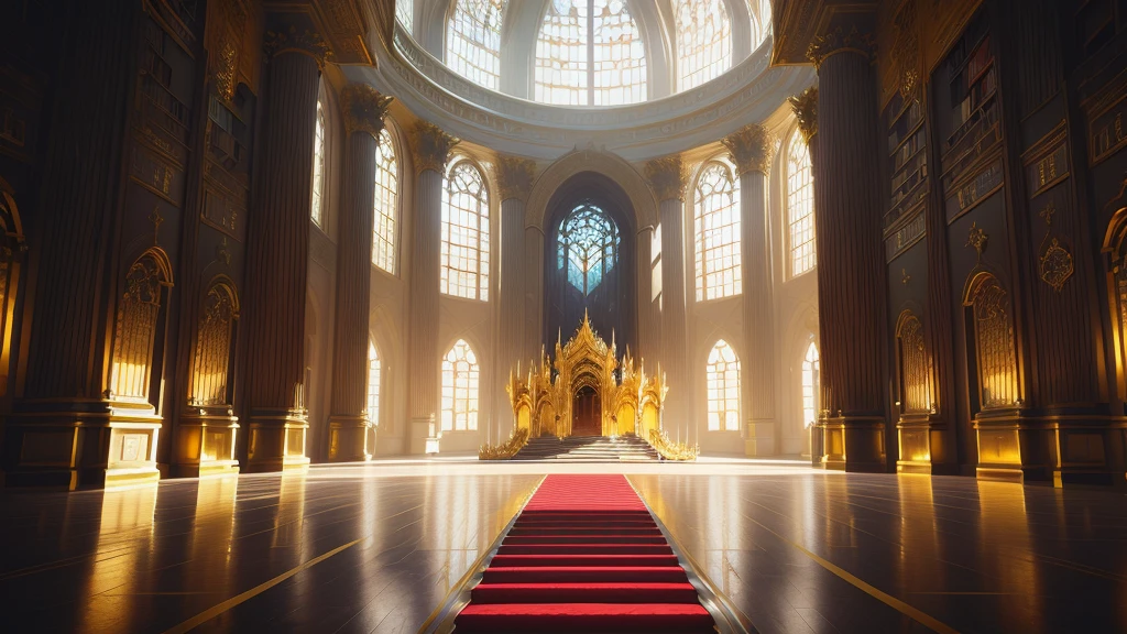 There is a big room，Rolling out the red carpet，There is a big window, decadent The Golden Throne Room, library of ruina Concept Art, Gothic Epic Library Concept, exquisitely designed The Golden Throne Room, The Golden Throne Room, cyberpunk cathedral, Gorgeous border + Concept Art, 8 k high detail Concept Art, award winning Concept Artist, Infinite Celestial Library, Concept Arts, Futuristic Palace, Entering the Etheric Realm
