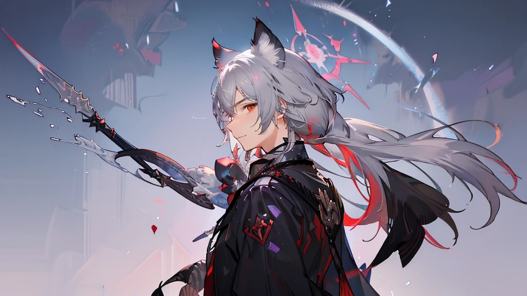 "1 person,1 boy, delicate eyes, boy with gray hair and cat ear, red eye, wearing black shirt, guweiz style artwork, smiling,standing , cat with him , ethereal fantasy, victorian era, blue magic elements, splash art, side view, solo (full HD 4K+ image)"