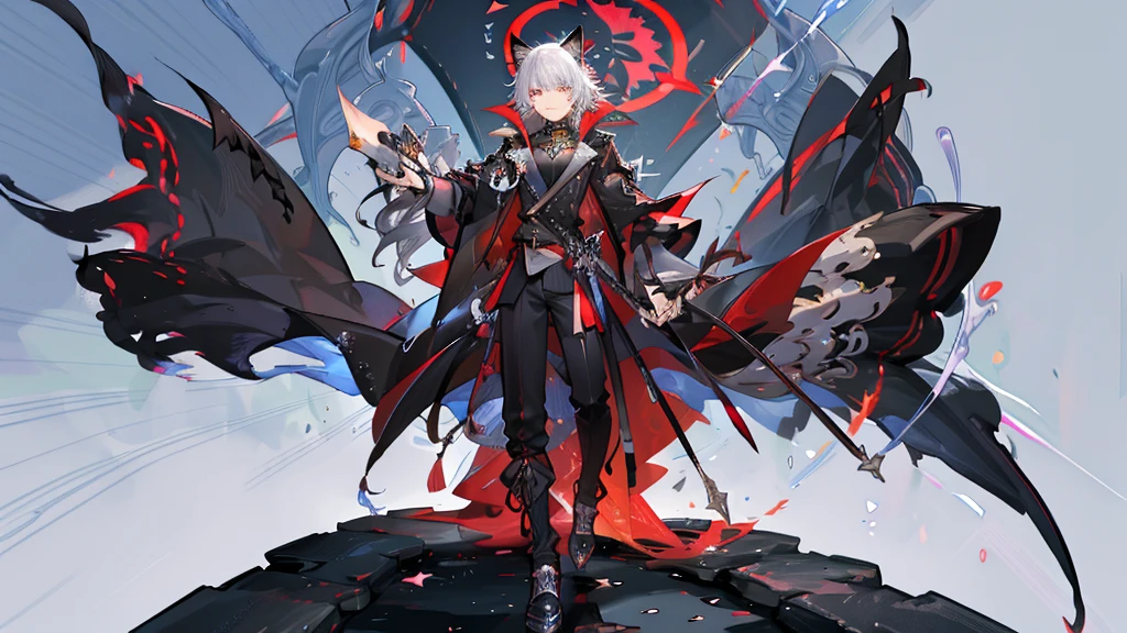 "1 person,1 boy, delicate eyes, boy with gray hair and cat ear, red eye, wearing black shirt, guweiz style artwork, smiling,standing , cat with him , ethereal fantasy, victorian era, blue magic elements, splash art, side view, solo (full HD 4K+ image)"