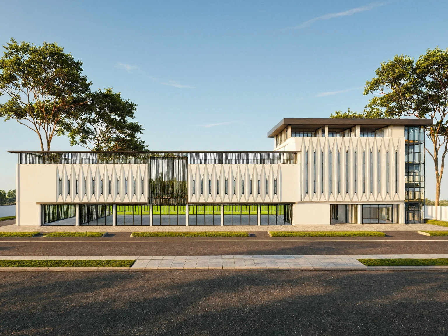 Masterpiece, high quality, best quality, authentic, super detail, 3d, shadow, outdoors, wedding center style neoclassic, white wall, glass windows, gate road, pavement, grass, trees, blue sky, sunset, cloud, (day:1.1), realistic lighting
