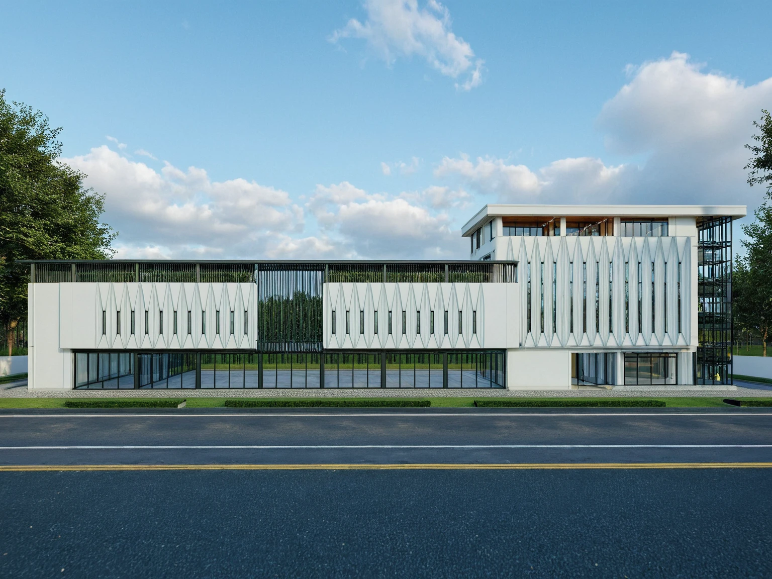 Masterpiece, high quality, best quality, authentic, super detail, 3d, shadow, outdoors, wedding center style neoclassic, white wall, glass windows, gate road, pavement, grass, trees, blue sky, sunset, cloud, (day:1.1), realistic lighting