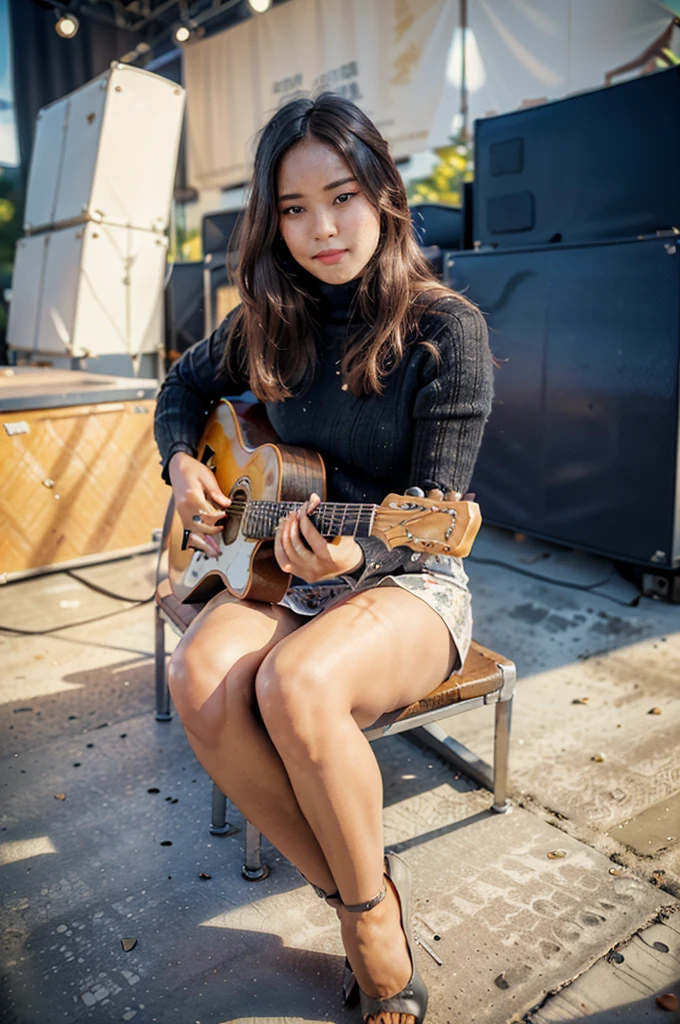 masterpiece, best quality, ultra detailed, high resolution, 1 girl, ((pretty lady MoonLay)), Burmese girl, ((pretty lady MoonLay's seductive sweet face with sweet smile:1.2)), ((playing guitar with sweet pose:1.6)), ((electric guitar)), ((big stage background:1.5)), (((background blur to highlight character:1.4))), golden hour setting, 8k, (black sweater turtleneck tight blouse), ((white ink flowers pattern printed on black mini tight skirt:1.2)), ((sitting and elegantly leg-crossed and knee over knee pose:1.5)), (stiletto high heel), ((full body view:1.6)), (vibrant HDR lighting),