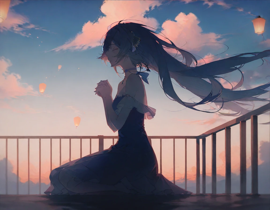 by rella, amazing quality, masterpiece, best quality, absurdres, beautiful, detailed shadow, aesthetic, BREAK 1girl, solo, lantern, wind, own_hands_together, sky, hair_ornament, cloud, bare_shoulders, closed_eyes, dress, paper_lantern, outdoors, choker, sitting, from_side, profile, blue_choker, blue_dress, floating_hair, railing, cloudy_sky, closed_mouth, scenery, own_hands_clasped