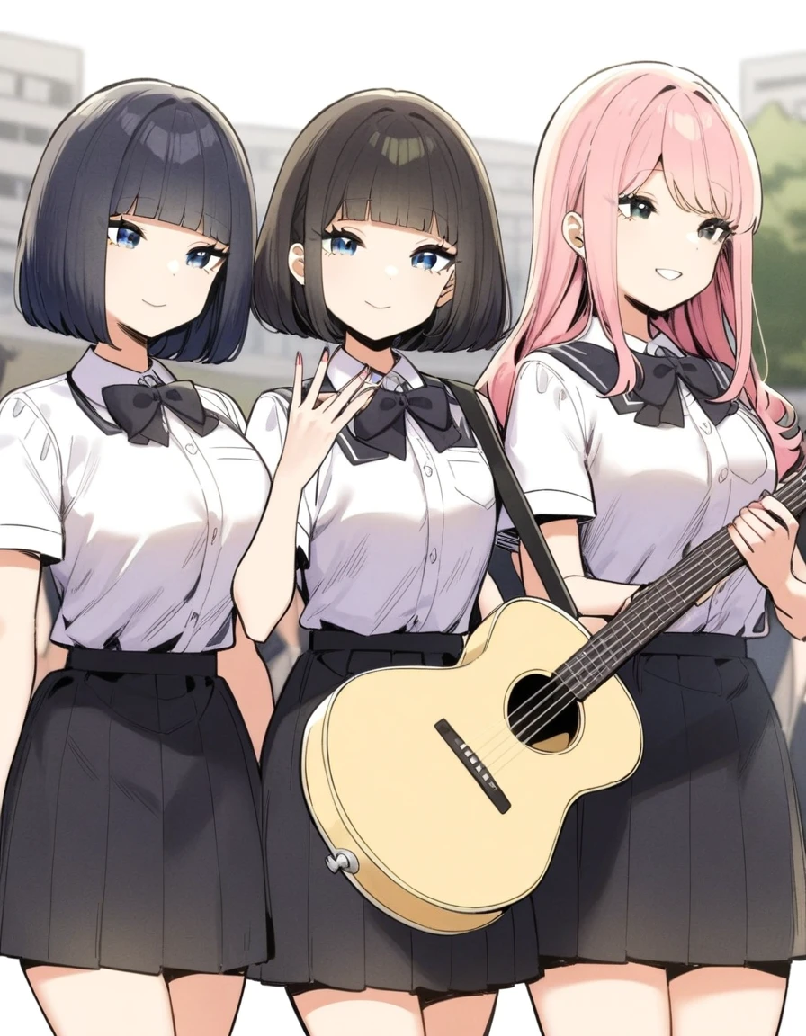 masterpiece, City Pop Style, Three-person band group, Tao has pink hair, a fluffy bob cut, and is playing a guitar., Jane has long white hair down to her waist and is the vocalist., Sayaka has shoulder-length black hair and is a drummer., School festival, Retro, Vintage, A light smile