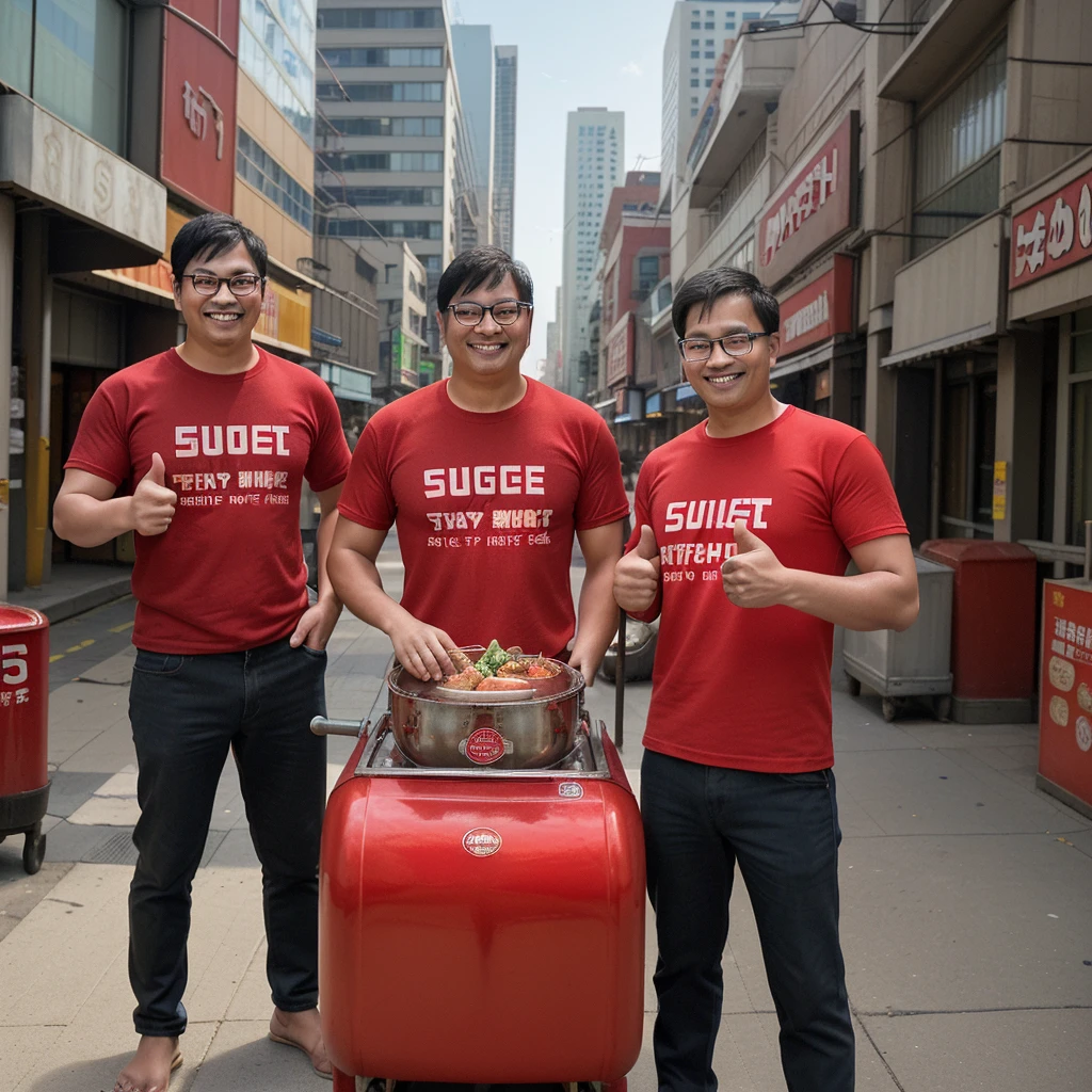 Two men standing side by side on a busy city street, both wearing red shirts with 'Bungasari' logos. One man is wearing glasses and giving a thumbs-up, while the other is smiling. In front of them is a large metal steamer with small colorful food items. The background shows urban buildings and traffic."