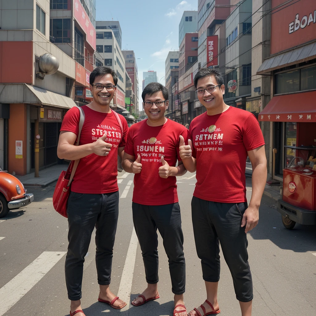 Two men standing side by side on a busy city street, both wearing red shirts with 'Bungasari' logos. One man is wearing glasses and giving a thumbs-up, while the other is smiling. In front of them is a large metal steamer with small colorful food items. The background shows urban buildings and traffic."