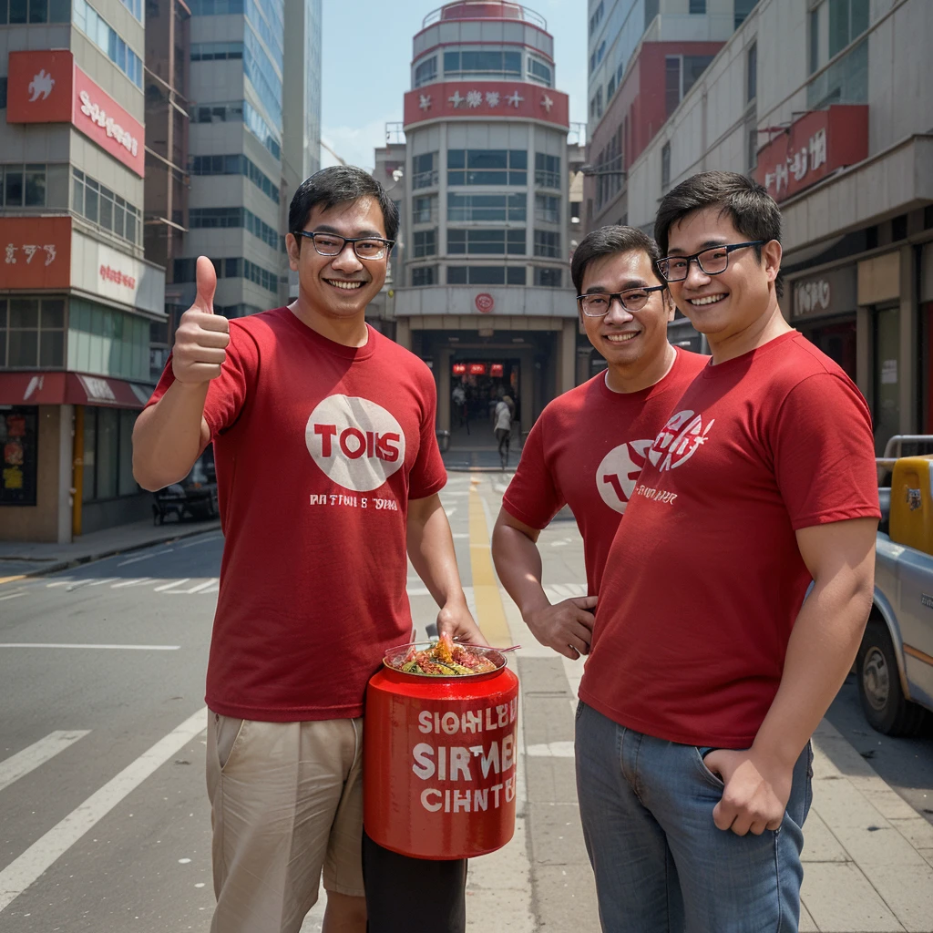 Two men standing side by side on a busy city street, both wearing red shirts with 'Bungasari' logos. One man is wearing glasses and giving a thumbs-up, while the other is smiling. In front of them is a large metal steamer with small colorful food items. The background shows urban buildings and traffic."