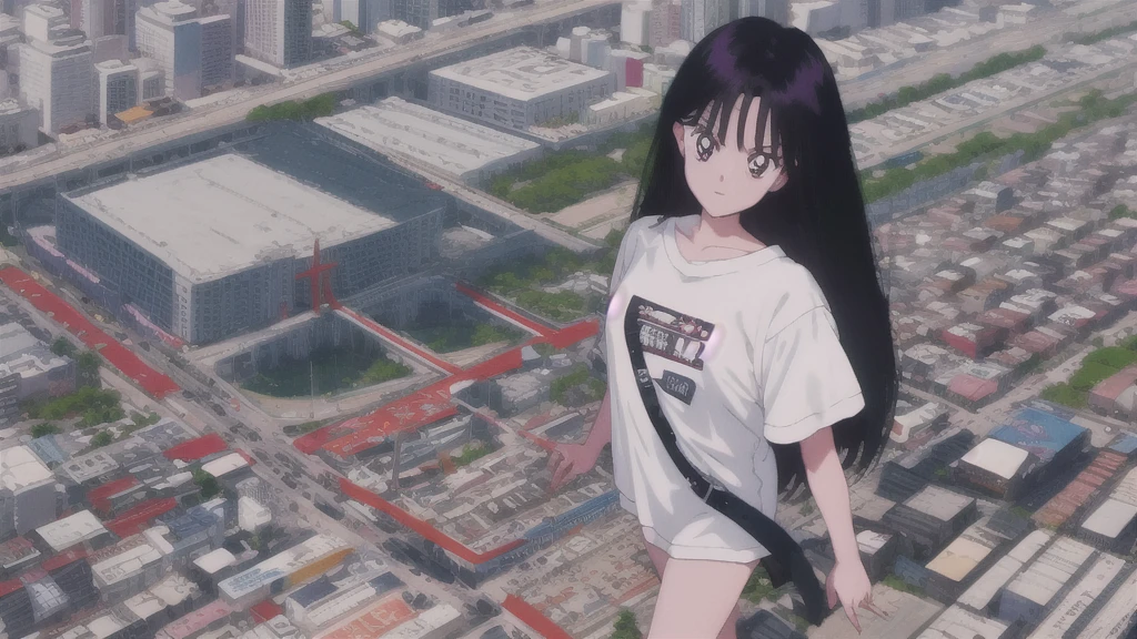 ( hyper realism, anime, manga)  Rei Hino (black long hair) (dark eyes) (bangs) (blue mini farmer short, belt on stomach) ( white shirt)].(( shirt logo:xqcL))
( walking, outdoors,)( crowded big city ) oversized shirt , from above,  close-up,