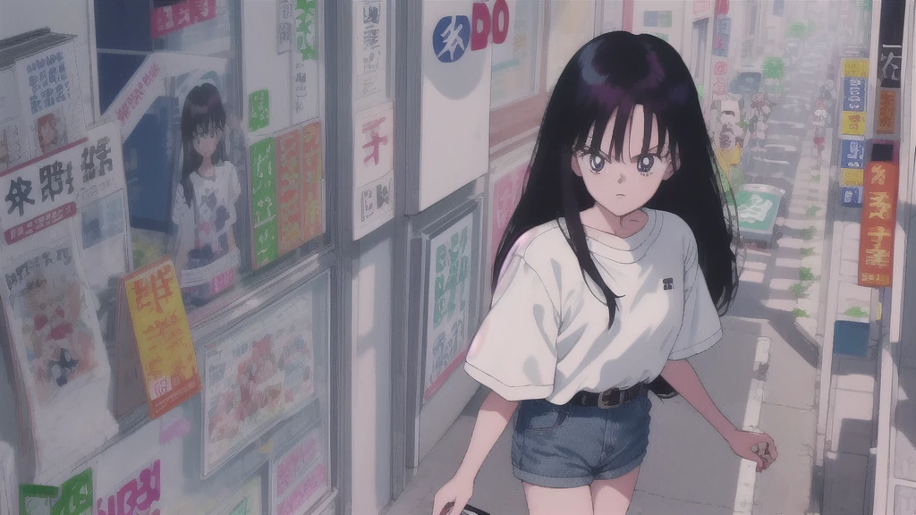 ( hyper realism, anime, manga)  Rei Hino (black long hair) (dark eyes) (bangs) (blue mini farmer short, belt on stomach) ( white shirt)].(( shirt logo:xqcL))
( walking, outdoors,)( crowded big city ) oversized shirt , from above,  close-up,