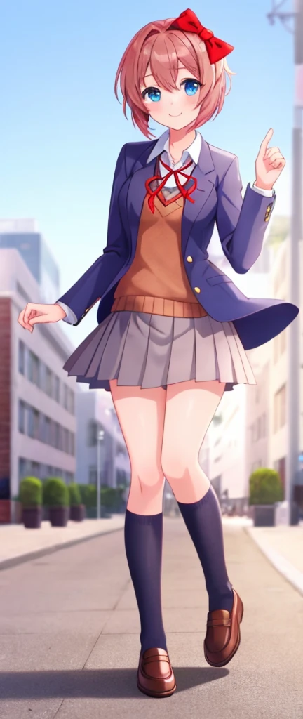 one girl, Sayori, DDLC, school blazer, hair bow, close to girl, too gentle, blue eyes, she is always smiling, full body