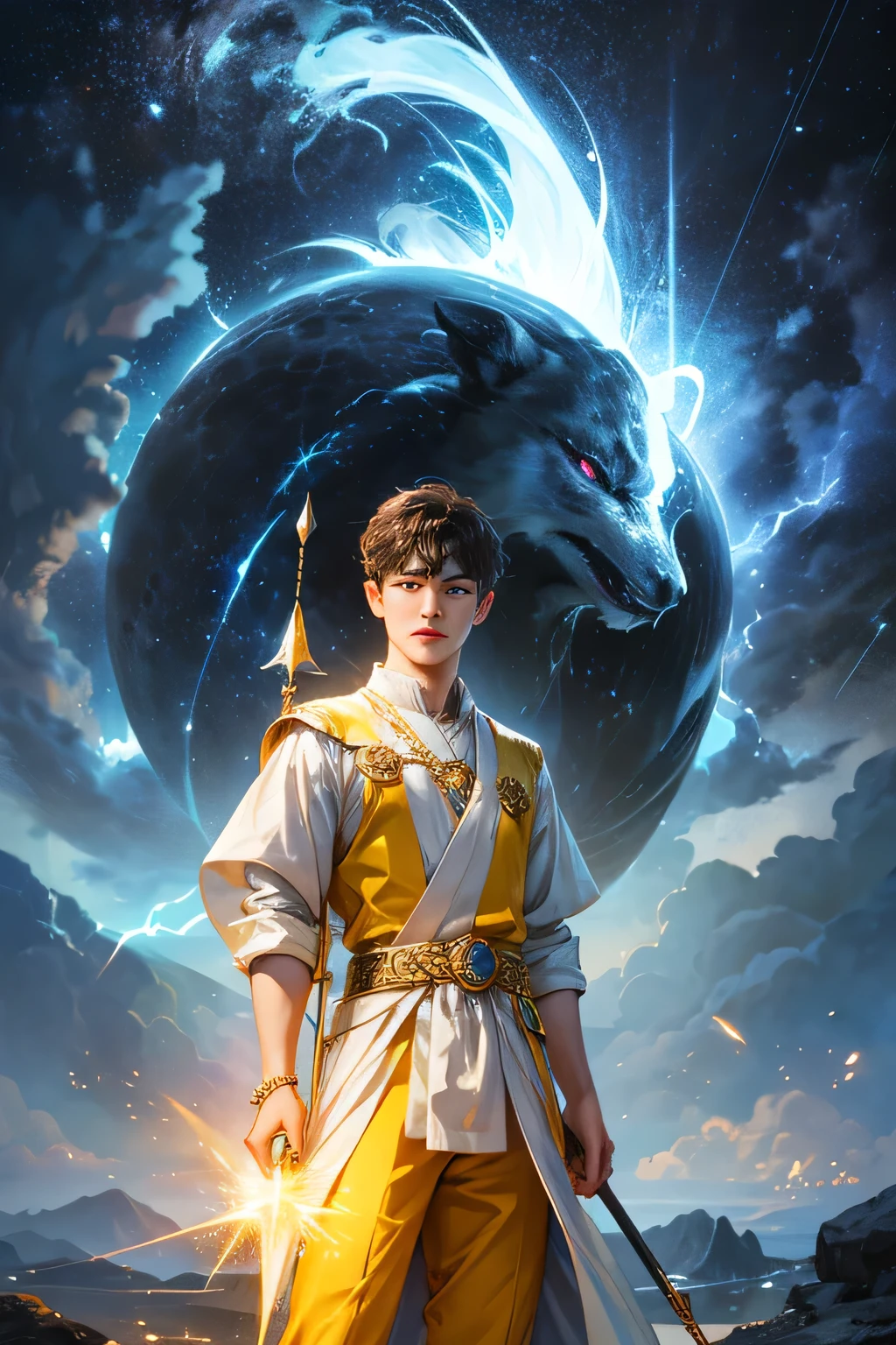 "Create an ultra-realistic image of a handsome, young male fairy, around 13 years old. He should be holding a magical staff that emanates the energy of the sky and crackling thunder. Dress him in an elegant, varied yellow outfit that reflects the brilliance and dynamism of the sky. Surround him with elements like swirling clouds and flashes of lightning to showcase his connection to these elements. Include a distinct sky or thunder symbol or design on his body, signifying his role as the keeper of the deep sky and thunder, and highlighting the powerful celestial energy he embodies within him."