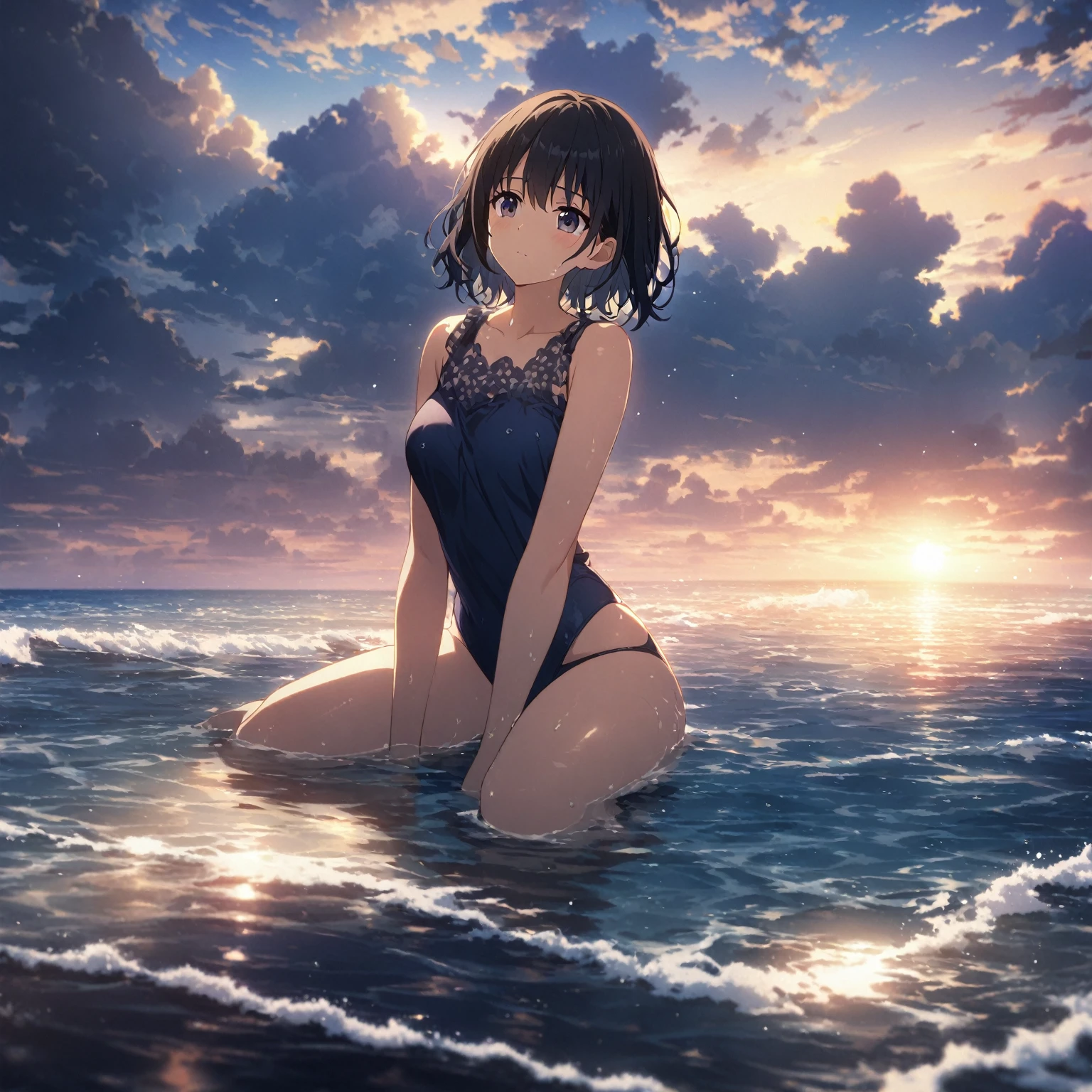 1girl、afloat、Black Hair、Navy blue swimsuit、Ocean、Oceanに浸かる、evening、Reflection on the water、deep faint light 、 detailed CG、high resolution