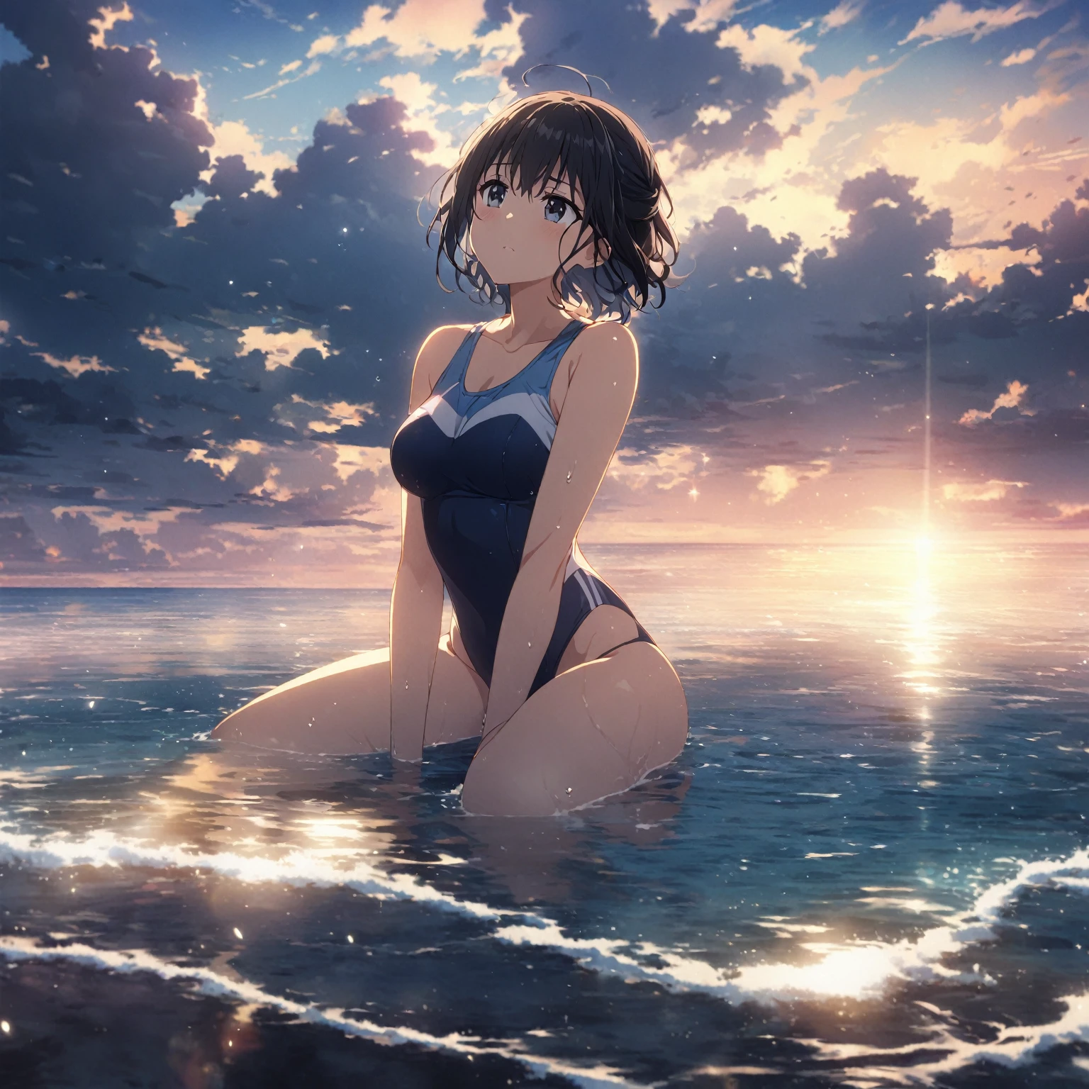 anime girl in blue swimsuit standing in water with rocks in background, makoto shinkai art style, anime girl walking on water, wallpaper anime blue water, kotegawa yui, attractive anime girl, anime moe artstyle, anime visual of a cute girl, seductive anime girl, makoto shinkai. high detail, makoto shinkai style, marin kitagawa fanart