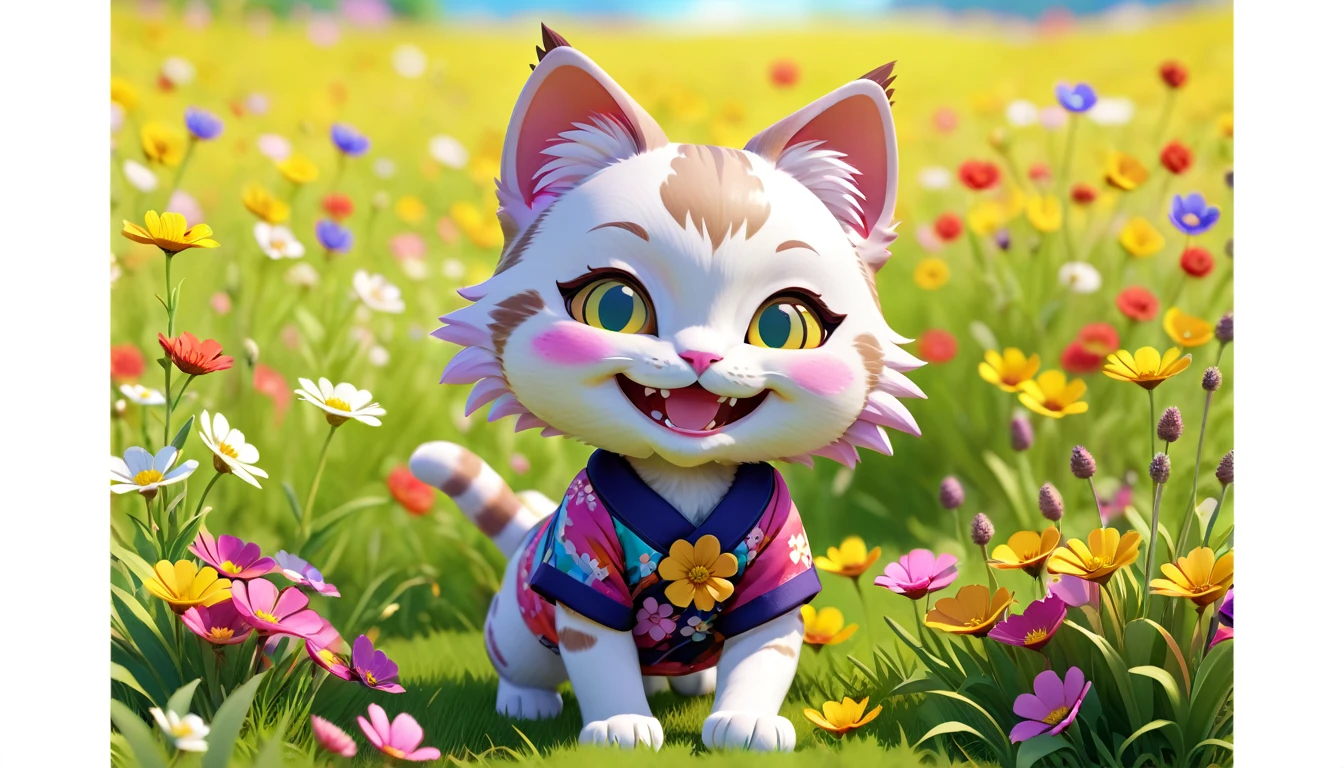 Chibi cat, anthropomorphic, playing in a meadow, smiling, colorful, flower field, bright, Japanese Casual clothing, realism, 3d render, 8K, realistic photo