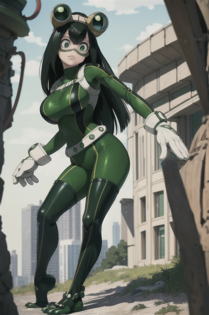 (masterpiece, best quality;1.3), extremely detailed ,ultra detailed, 1girl, solo,  looking at viewer,detailed skin,  crawling, full body, standing, asui tsuyu, low-tied long hair, :p,white gloves, green bodysuit, hair rings,goggles, city, extra large breasts, visible feet