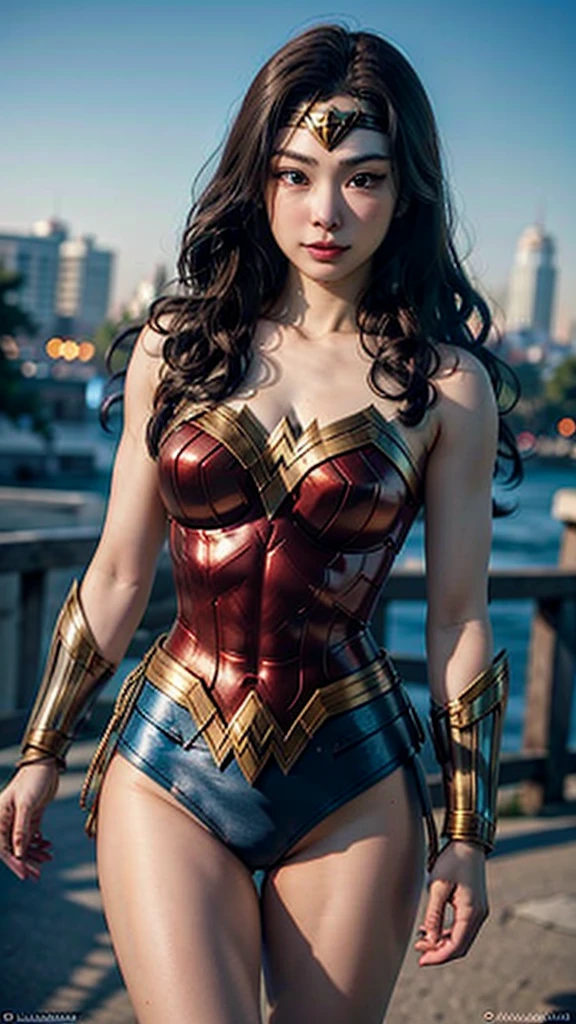 Wonder woman, to jump, wonder in front of the sky_woman_cosplay_Wearing a outfit、
good hand、4K、hight resolution、​masterpiece、top-quality、headw:1.3、((Hasselblad photo))、Fine skin、sharp focus、(Cinematographic lighting)、natta、Soft lighting、dynamic ungle、[:(Detailed face:1.2):0.2]、medium chest、outside、