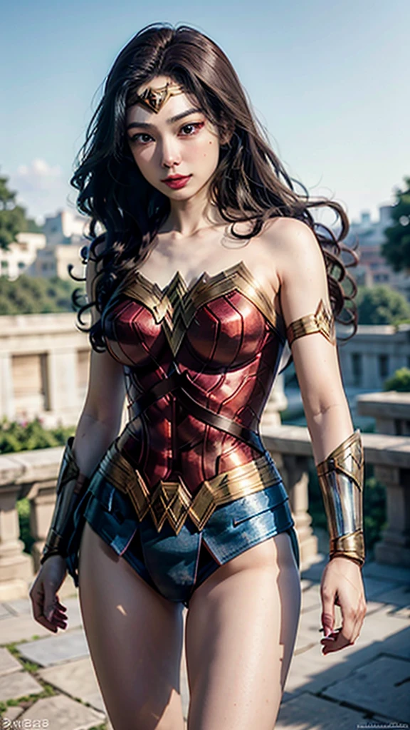 Wonder woman, to jump, wonder in front of the sky_woman_cosplay_Wearing a outfit、
good hand、4K、hight resolution、​masterpiece、top-quality、headw:1.3、((Hasselblad photo))、Fine skin、sharp focus、(Cinematographic lighting)、natta、Soft lighting、dynamic ungle、[:(Detailed face:1.2):0.2]、medium chest、outside、