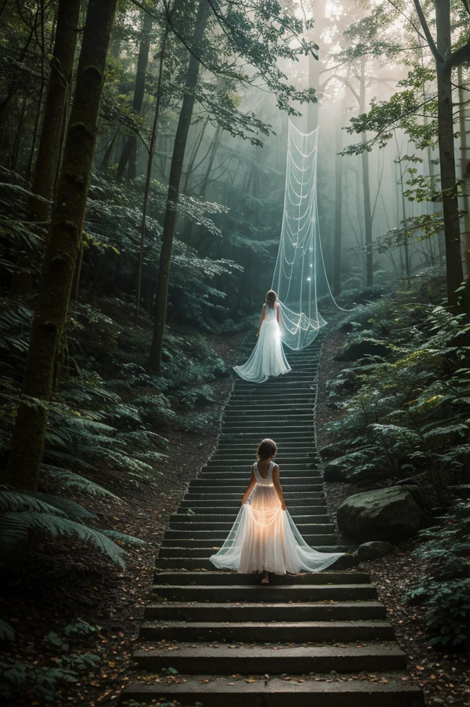 A girl in a glowing dress ascends a magical, illuminated staircase in an enchanting, misty forest with a delicate spider web nearby.
#enchantedforest #girl #glowingdress #spiderweb #staircase