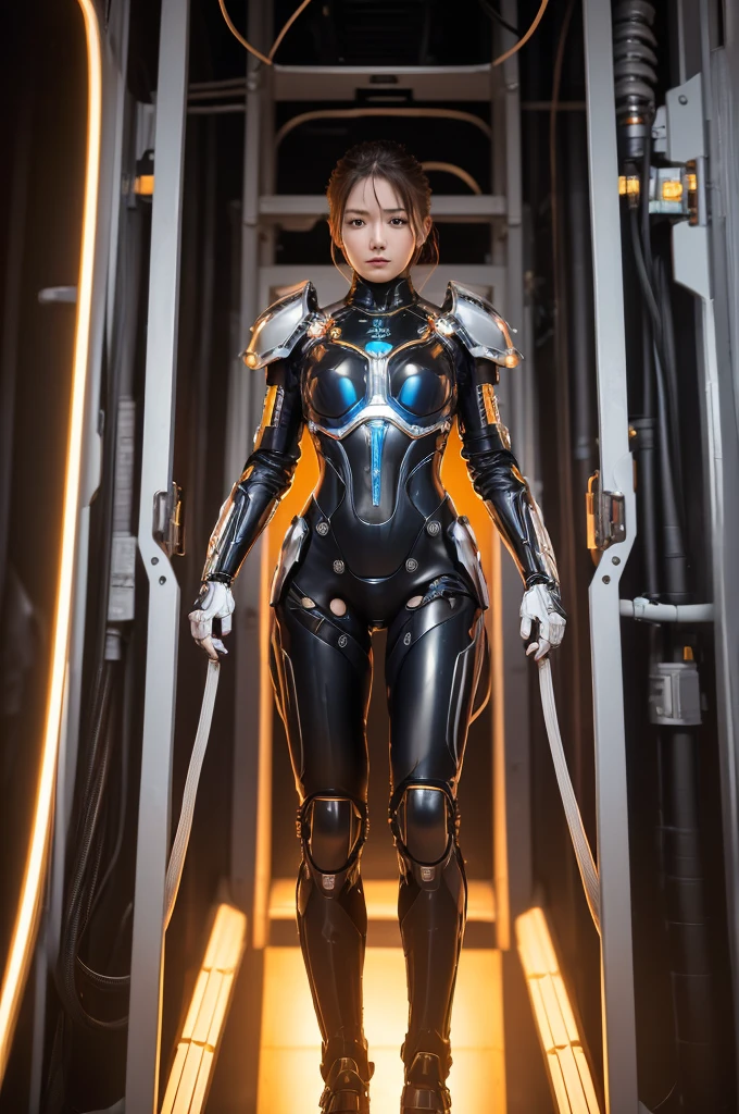 ((masterpiece, Highest quality, Best image quality, High resolution, Realistic, RAW Photos, 8K))An elaborate suit of mechanical armor、female、Full Body Shot. Expose wiring, Tied up with numerous cords and tubes connecting to the system