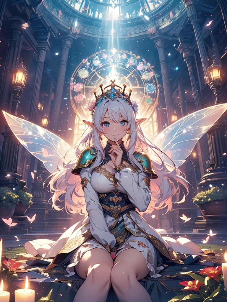 最high quality、1woman elf 、Beautiful foam、、CourtyardShining fairy wings、Flower fractal art　　、see-throughbodystocking,Beautiful side shot, radiance,High-definition depiction, Realistic, 8K, Unity, beautiful Shot, light smile, Beautifully and vividly drawn, , Beautiful, beautiful, clear skin、sexly,beautiful dress,Countless rays of light pouring down, Swirling Light, big background, Raise one arm above your head, Intense light is emitted from the magic circle in front of the girl.   forest、Lots of leaves、green leaves、flower、Particles of light、Bedroom at night、Magic Palace、Fairy tale、
Romanticism,Cowboy Shot: The most beautiful form of chaos, Mr..々colour, Intertwined flowers, Particle,magical gentle light,smile,sexly,image quality、masterpiece、Beautiful Face、Super beautiful elf woman((Big breasted 22 year old office lady、Bust 100,Beautiful long ironed hair 、bionde hair,height: 165cm。、sexly、ANDsbian、、high quality、、Visual art、Written boundary depth、、ANDlf ANDars、、universe、Happy smile、gentle light、ANDlf forest、elegant、ticker beautiful decorative、、magic、forest、beautiful tiara、Beautiful bed、Beautiful Landscape、A kind smile、wonderful、Fluttering petals、Dance happily、、Cultivate fantasy、、Mystery light　Lots of flowers、、art、forest, palace, art,mystery,Ultra-high resolution,atmosphere A colorful and dreamy anime-style illustration of a young girl with beautiful hair, sitting amidst a vibrant, mechanical landscape. She is wearing a casual outfit with mechanical leg armor, surrounded by a kaleidoscope of colors and glowing lights. The background is filled with whimsical details and a magical atmosphere. --ar 3:4 --style raw --stylize 600 --niji 6、Throne