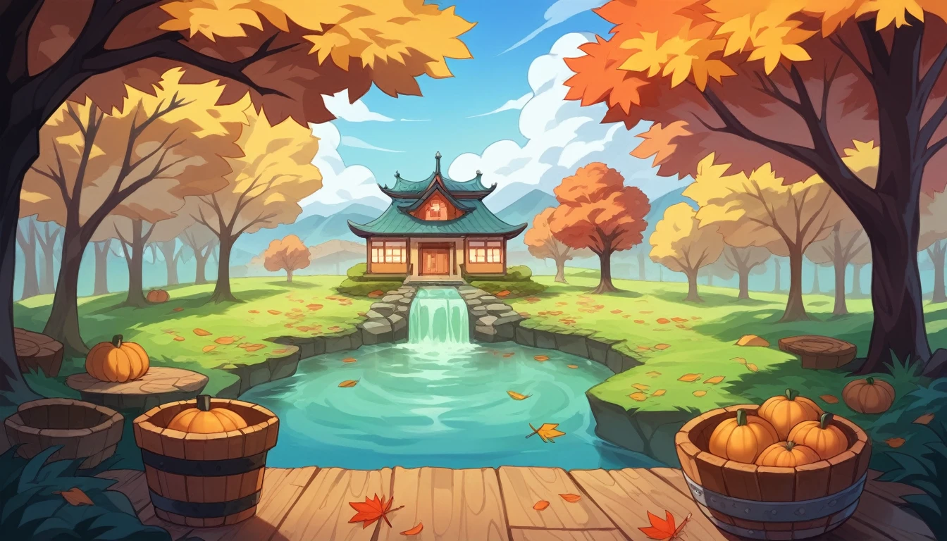 A serene autumn scene in a European town. The setting includes a stone bridge arching over a calm river, with classic architecture lining the banks. The foreground features a wooden table adorned with an oversized steaming cup of coffee, flanked by vibrant autumn flowers and pumpkins, suggesting a cozy, warm atmosphere amidst the changing leaves of fall.