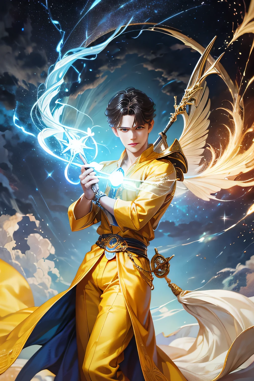 "Create an ultra-realistic image of a handsome, young male fairy, around . He should be holding a magical staff that emanates the energy of the sky and crackling thunder. Dress him in an elegant, varied yellow outfit that reflects the brilliance and dynamism of the sky. Surround him with elements like swirling clouds and flashes of lightning to showcase his connection to these elements. Include a distinct sky or thunder symbol or design on his body, signifying his role as the keeper of the deep sky and thunder, and highlighting the powerful celestial energy he embodies within him."