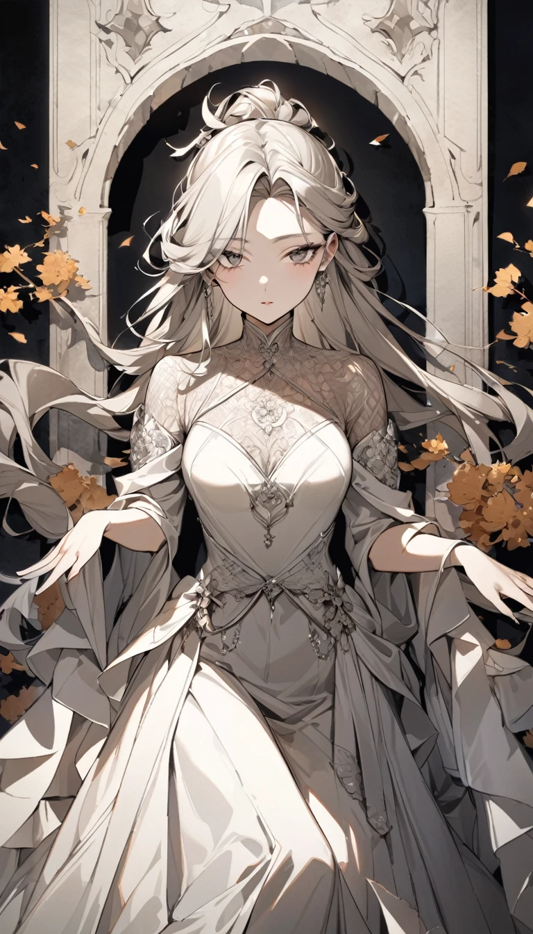 Create a very voluptuous anime-style woman looking straight ahead with her arms separated, one on each side, showing her full body from head to toe and her arms not appearing cut off.