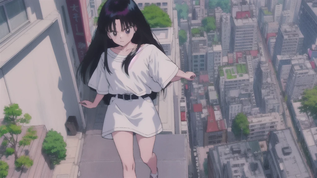 ( hyper realism, anime, manga)  Rei Hino (black long hair) (dark eyes) (bangs) (blue mini farmer short, belt on stomach) ( white shirt)].(( shirt logo:xqcL))
( walking, outdoors,)( crowded big city ) oversized shirt , from above,  close-up,