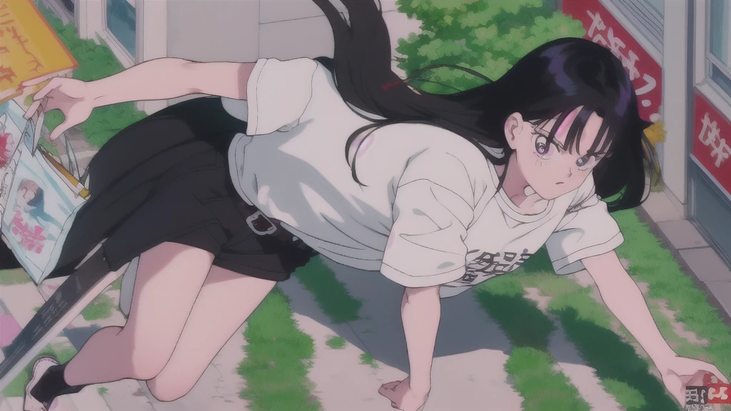 Falling girl anime scene, Pink panties with white lace