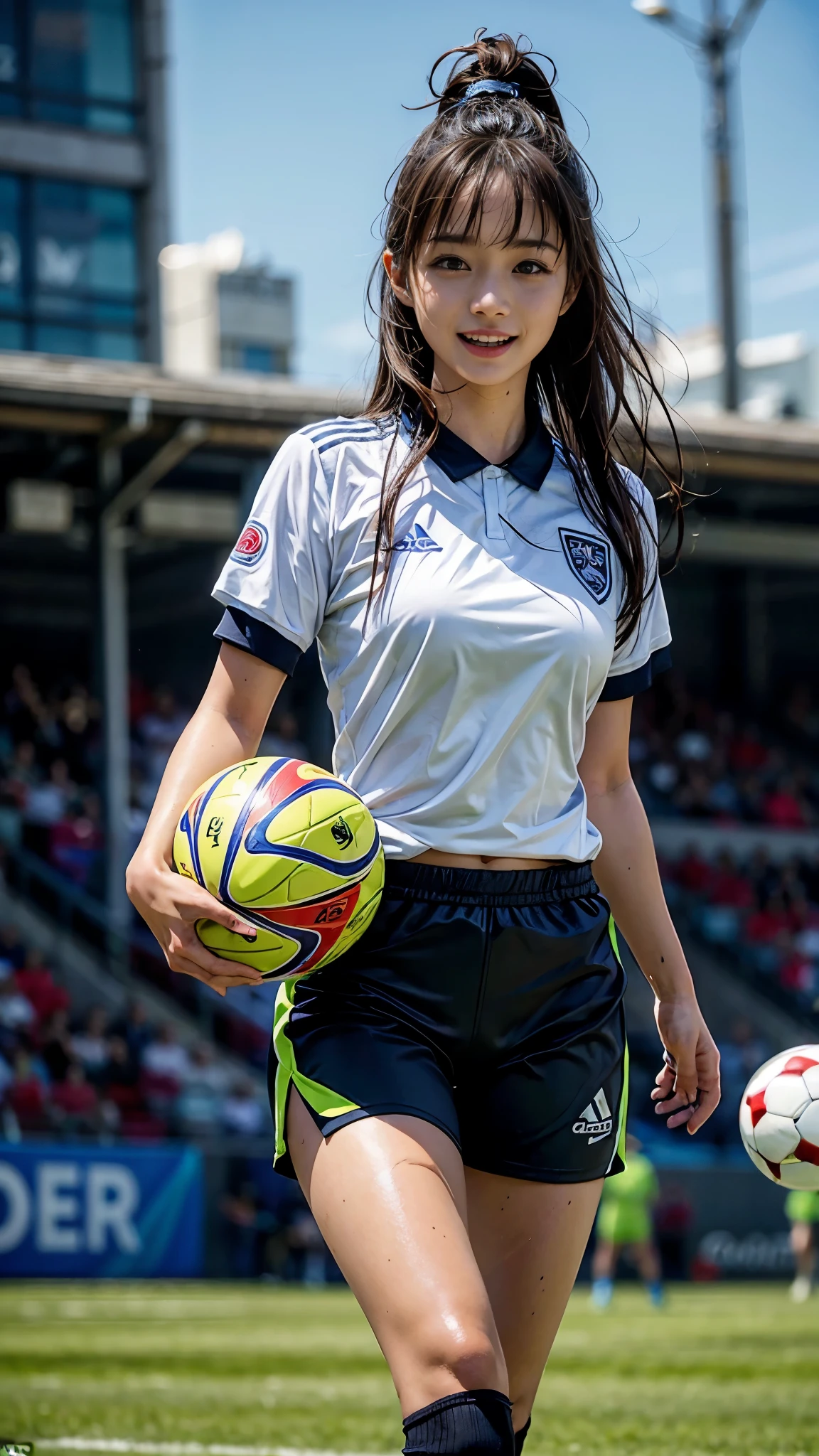 Highest quality, High resolution:1.2, Super detailed, Realistic:1.3, ((Beautiful woman))、((Ultra tight uniform))、Big Breasts、Vibrant colors, play soccer,((blunt bangs))、Has bangs、Wet Hair, Concentration, Splash, Action Shots, Grass blotches, Muddy ground, Wet turf, Decide, Fast-paced games, Athletic physique, Shiny soccer ball, Wet uniform, raindrop, Blurred motion, Focus on the ball, Intense competition, Skillful dribbling, Energetic play, Teamwork, powerful shoots, Wet pitch, Passionate sports, Fierce Decide, Humid atmosphere, Fluid movement, emotional expression、Dramatic lighting, Women's Sports, Avid athletes, Exciting Games, endure, Excited state, Speed and agility, Energetic play, 濡れたSplash、smile、
