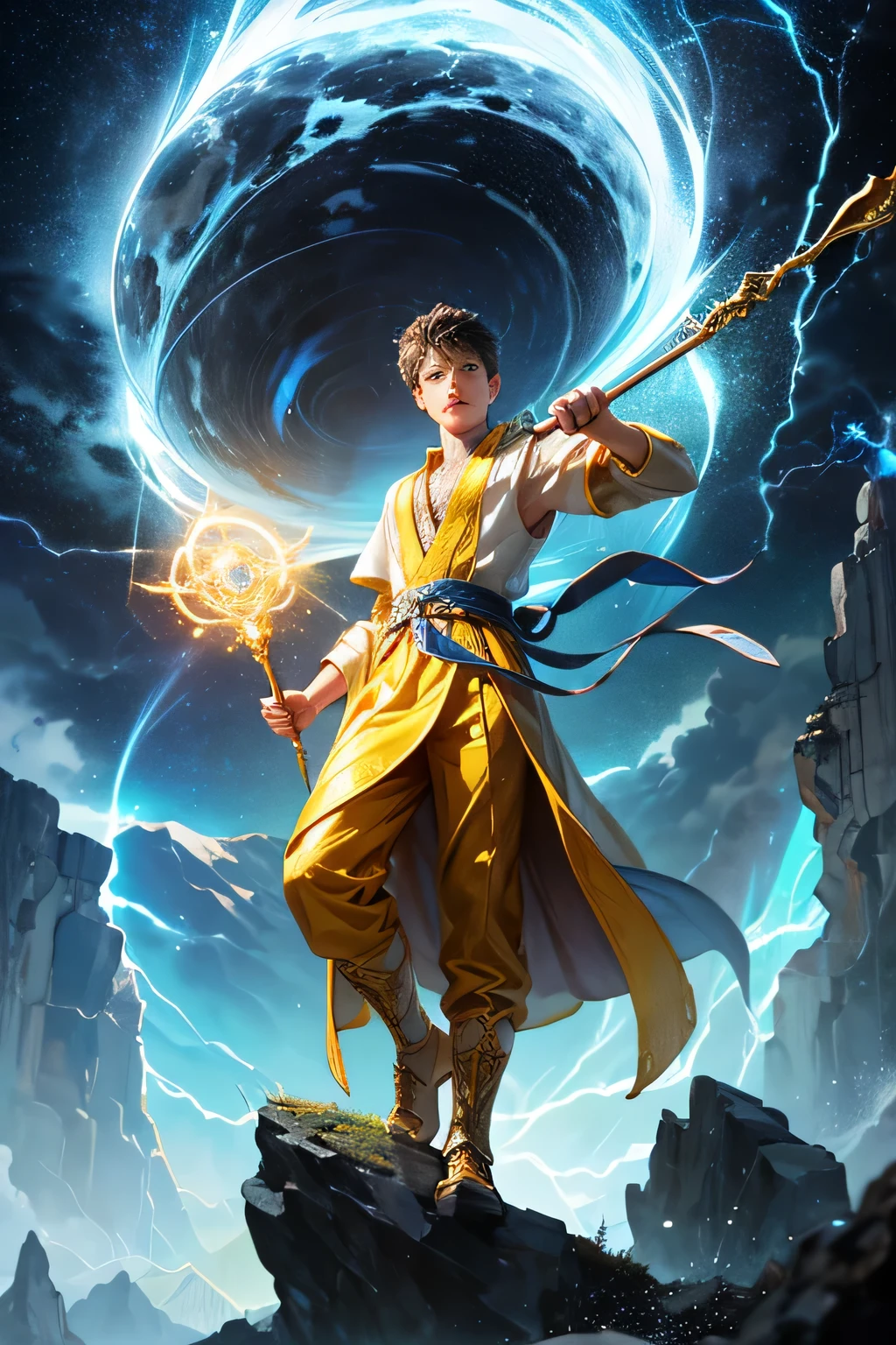 "Create an ultra-realistic image of a handsome, young male fairy, around 13 years old. He should be holding a magical staff that emanates the energy of the sky and crackling thunder. Dress him in an elegant, varied yellow outfit that reflects the brilliance and dynamism of the sky. Surround him with elements like swirling clouds and flashes of lightning to showcase his connection to these elements. Include a distinct sky or thunder symbol or design on his body, signifying his role as the keeper of the deep sky and thunder, and highlighting the powerful celestial energy he embodies within him."