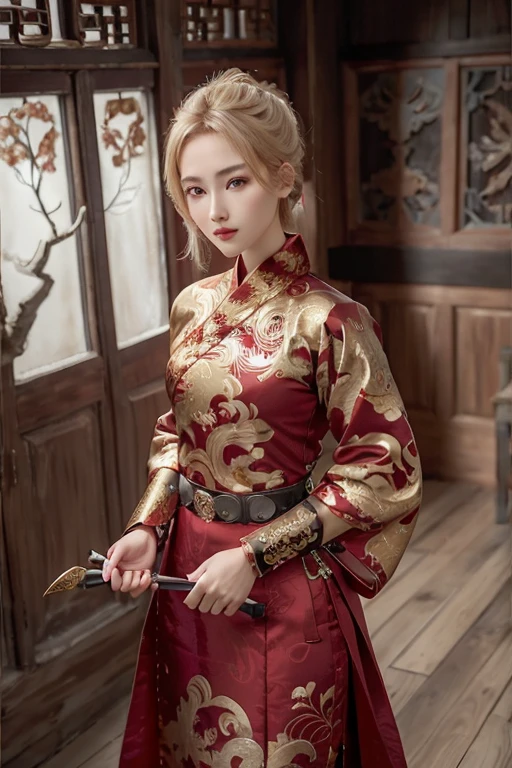 raw image, In an ancient Chinese house, realistic, best shadow, realistically, dark light, Full show, Full body view of the girl, high resolutionเป็นพิเศษ, Detailed  pattern, photo-realistic, Masterpiece, Page Details, Body details, finger details, Clothing details, Highest quality, ((high resolution)), 1 woman, ((beautiful girl)), alone, decorations, Bangle, ((Blonde Hair)), ((Slender face)), ((PonyTail)), ((red eyes)), decorationsที่ผมสีเงิน, dark brown eyeliner, put on makeup, red lips, ((Hanfu)), ((big )), red shirt, black shirt, golden shirt edge, Golden dragon pattern set, Gold Earrings, Hair pins, Show your s, seductive pose,