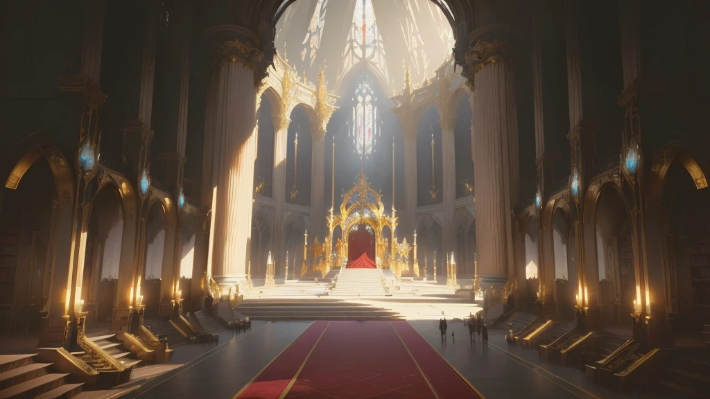 There is a big room,Rolling out the red carpet,There is a big window, decadent The Golden Throne Room, library of ruina Concept Art, Gothic Epic Library Concept, exquisitely designed The Golden Throne Room, The Golden Throne Room, cyberpunk cathedral, Gorgeous border + Concept Art, 8 k high detail Concept Art, award winning Concept Artist, Infinite Celestial Library, Concept Arts, Futuristic Palace, Entering the Etheric Realm