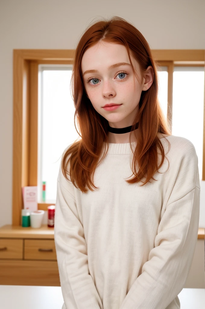 raw photo,close up, (16yo skinny redhead girl:1.2), ((childish body)) cheek dimples, blushing, graphic eyeliner, rouge, (lipstick:0.6), (choker:0.9), realistic skin texture, oversize knit sweater, (red:0.8), softcore, warm lighting, cosy atmosphere, instagram style, nsfw , naive, shy, short, thin, fit, beautiful, cute, pale skin