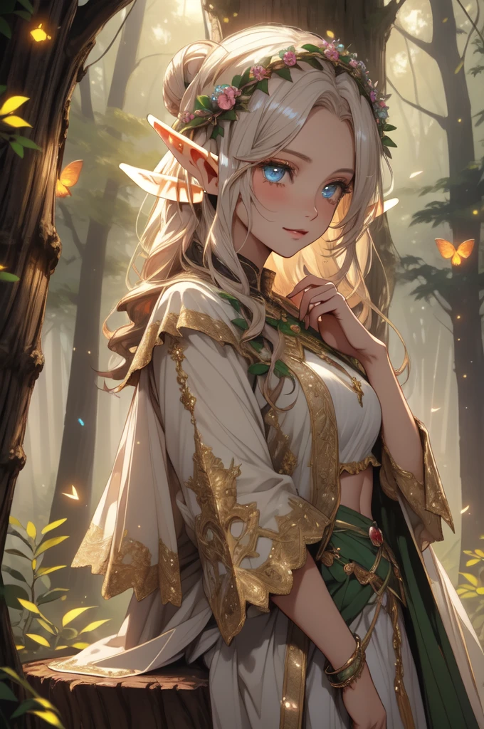 ((masterpiece)), (top quality), (best quality), ((ultra-detailed, 8k quality)), Cinematic lighting, Volumetric lighting, (detailed line art), absurdres, (best composition), (high-resolution), Aesthetics,
BREAK,
Elf girl ((Lying on a tree trunk:1.3)),dressed in white robes, Velvet, Mecha, lace, brocade, pearls, intricate elven attire,  (adult:1.2), Fantasy,  (glowing flowers:1.2), (firefly glow:1.25), (bioluminescent trees), (mystical forest), (focused depth of field:1.2), (enchanting forest:1.15), [cinematic dramatic atmosphere],[atmospheric perspective], Niji style,
BREAK,
highly detailed of ((elf:1.4)), (1girl), solo, perfect face, details eye, hair Bun, (hime cut, bangs:1.2), (white shining hair:1.2), blue eyes, shining eyes, (beautiful detailed eyelashes, eyeshadow, pink eyeshadow),  smiling, Concept art by Mikimoto Haruhiko, by Kawacy, By Yoshitaka Amano,
BREAK, 
((perfect anatomy)), perfect body, Abs, (medium breast), perfect hands, perfect face, beautiful face, beautiful eyes, perfect eyes, (perfect fingers, deatailed fingers), correct anatomy, perfect legs, 