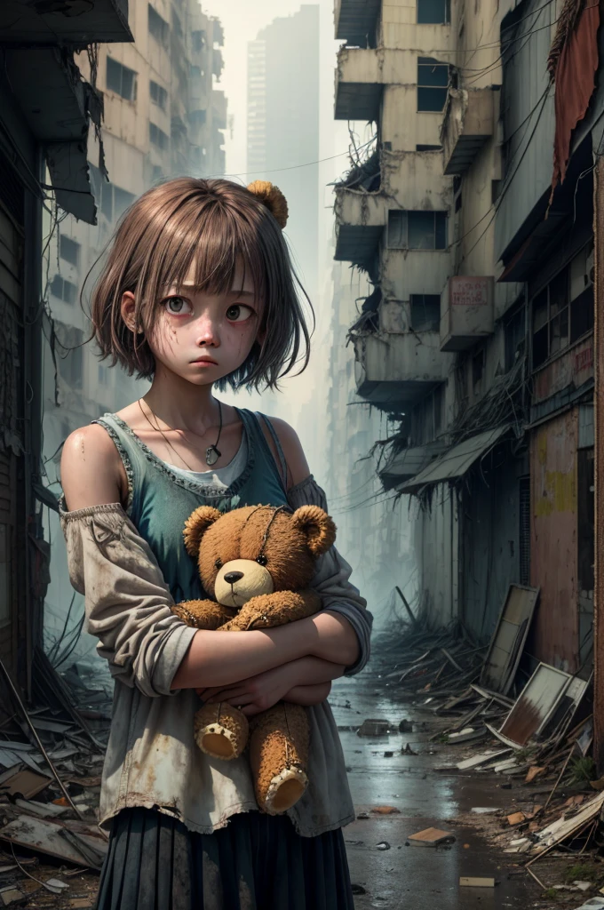 A lonely girl, holding a teddy bear, stands in a nuclear wasteland. The once thriving city now lies in ruins, with crumbling buildings and abandoned vehicles scattered amidst the desolation. Nature has started to reclaim the territory, with plants growing through cracks in the concrete and vines wrapping around the decaying structures. The atmosphere is eerie, with a sense of loneliness and despair hanging in the air. The scene is bathed in a dark and moody light, emphasizing the post-apocalyptic setting. The girl's expression reflects her loneliness and the weight of the world she carries on her shoulders. The teddy bear she clings to provides her with some comfort in this unforgiving world. The colors are muted, with a desaturated and faded palette, further enhancing the desolate mood of the scene.