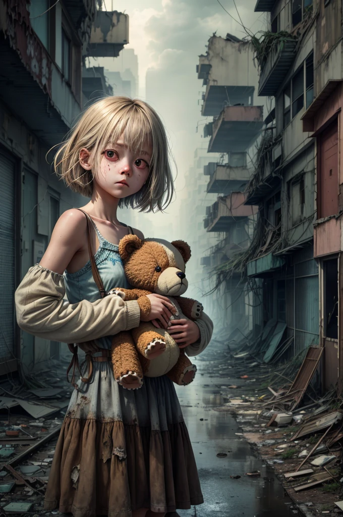 A lonely girl, holding a teddy bear, stands in a nuclear wasteland. The once thriving city now lies in ruins, with crumbling buildings and abandoned vehicles scattered amidst the desolation. Nature has started to reclaim the territory, with plants growing through cracks in the concrete and vines wrapping around the decaying structures. The atmosphere is eerie, with a sense of loneliness and despair hanging in the air. The scene is bathed in a dark and moody light, emphasizing the post-apocalyptic setting. The girl's expression reflects her loneliness and the weight of the world she carries on her shoulders. The teddy bear she clings to provides her with some comfort in this unforgiving world. The colors are muted, with a desaturated and faded palette, further enhancing the desolate mood of the scene.